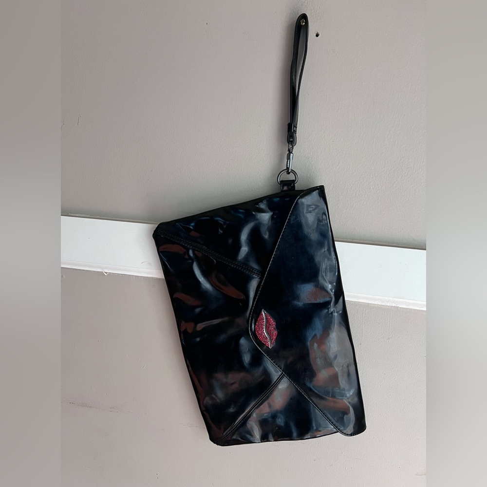 Kirna Zabete Black Clutch with Red Lip Accent